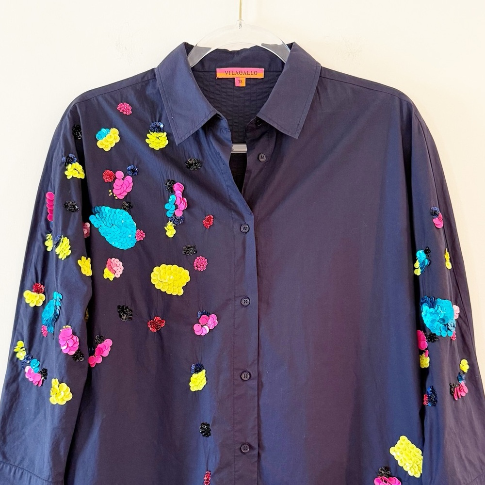 Vilagallo Navy Blue Embroidered Sequin Novelty Cotton Shirt Dress - Picture 2 of 10